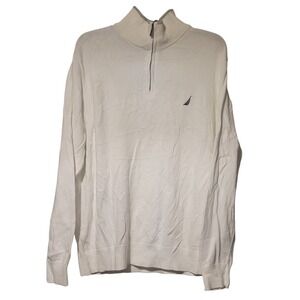 EUC‎ Nautica Mens LG 1/4 Zip Sweater White Cotton Long Sleeve Classic Logo